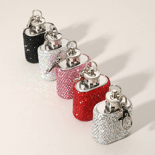 1oz Bling Studded Stainless Steel Mini Flask Keychain Charm
