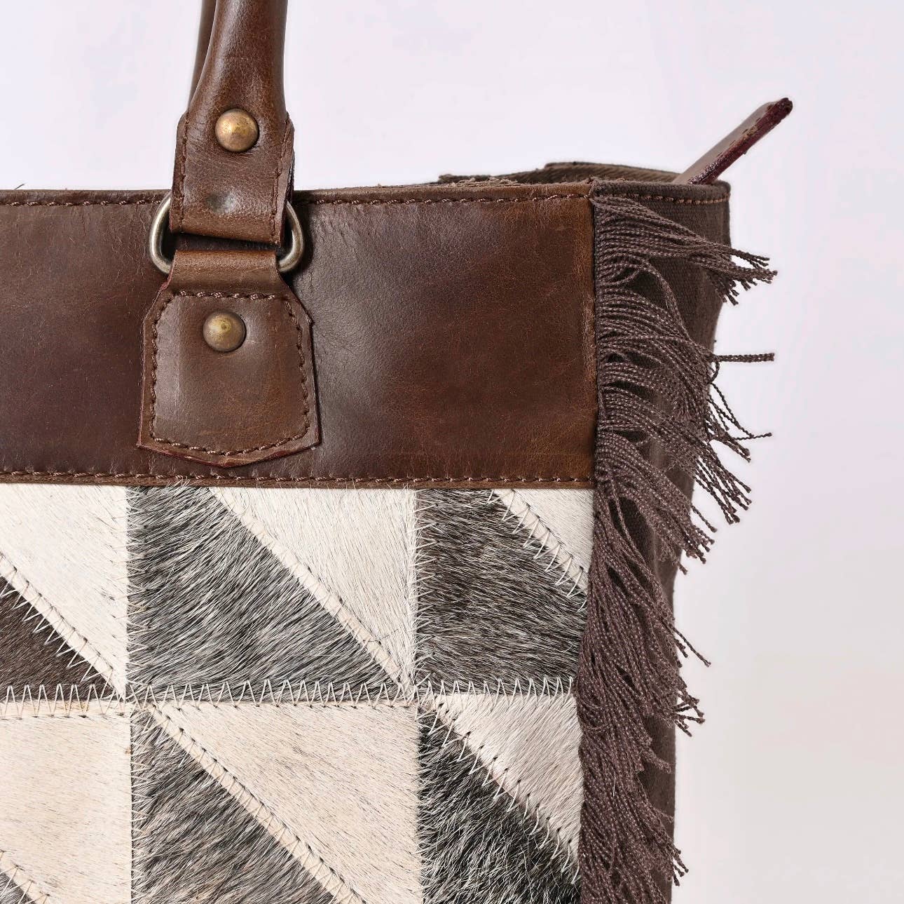 Cowhide Leather Canvas Tote Shoulder Bag Western Travel 