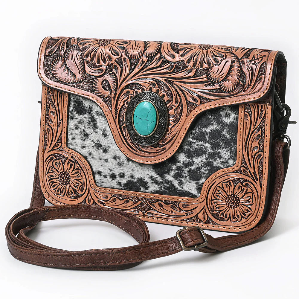 American Darling Tooled Leather & Hair-On Crossbody Bag Western Cowhide Shoulder Purse