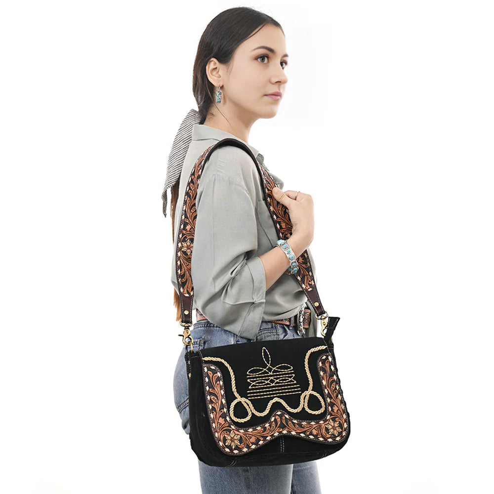 Western Crossbody Flap Bag with Tooled Leather Strap & Rope Stitch Embroidery