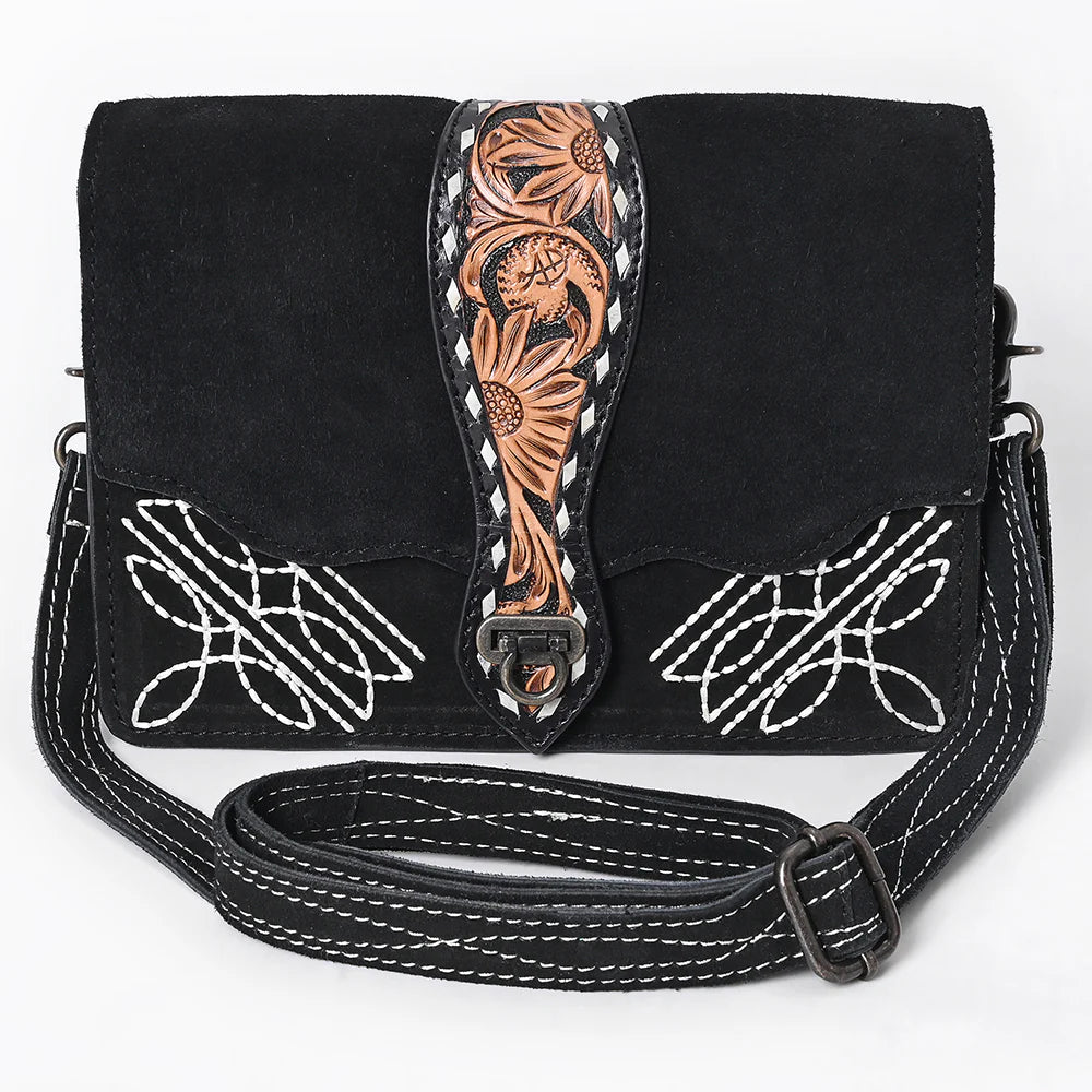 Black Suede Crossbody Bag with Tooled Sunflower Strap & White Embroidery