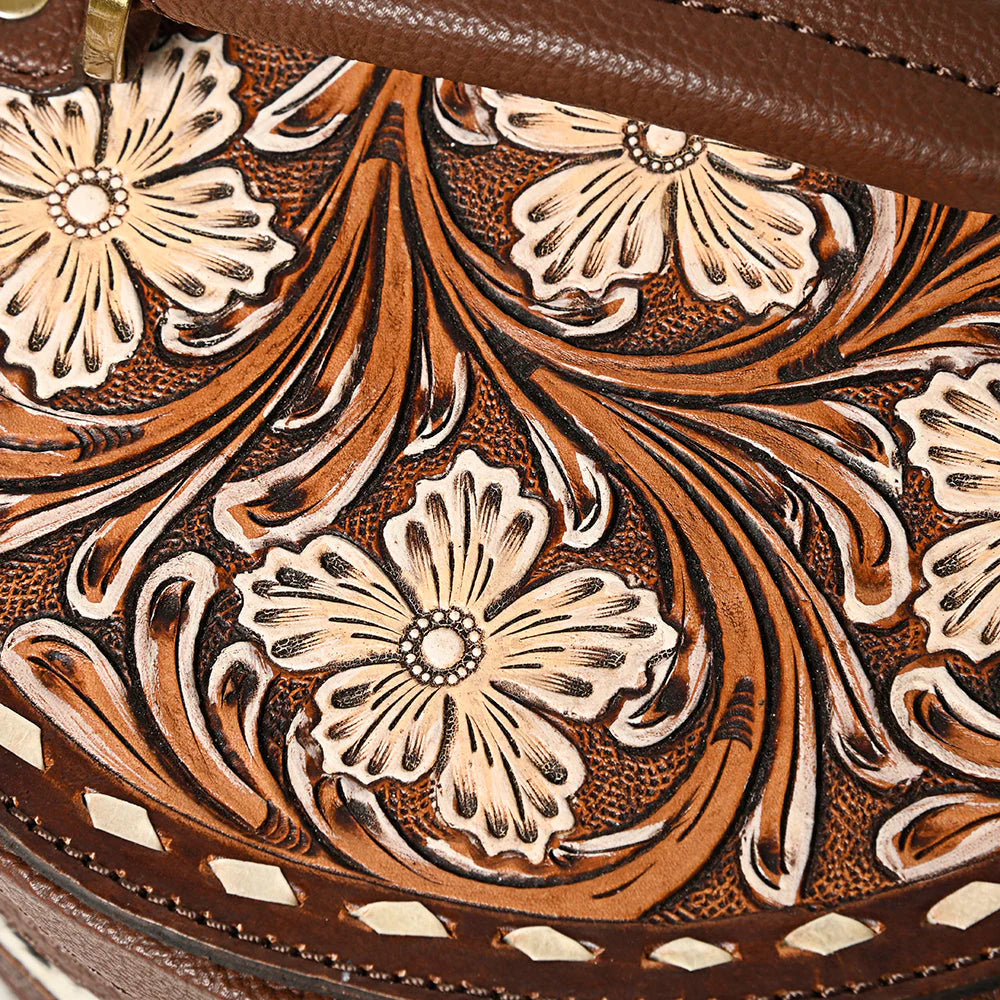 Round Jewelry Case Hand-Tooled Leather & Cowhide Western Organizer