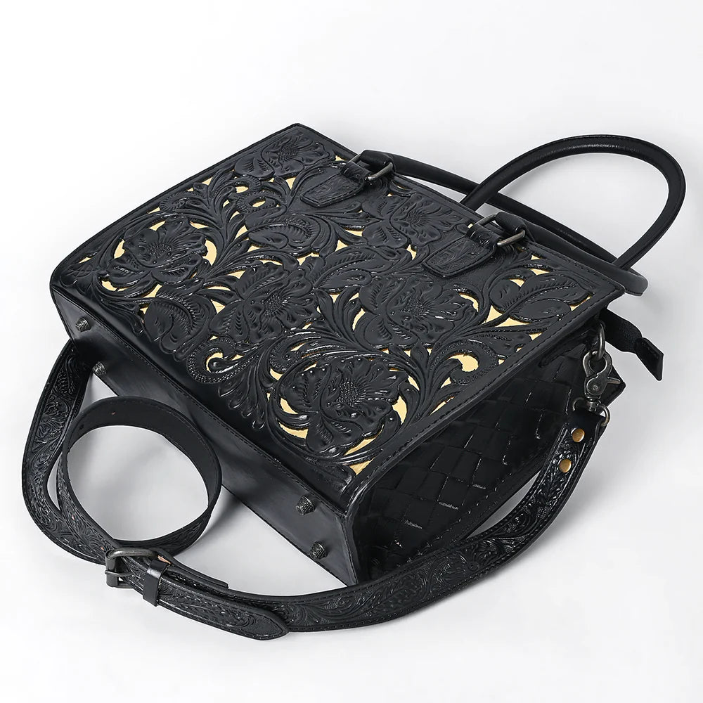 Black & Gold Hand-Tooled Leather Tote Bag - Western Floral Design
