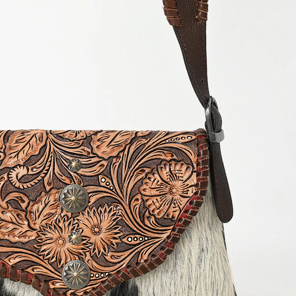 Hand-Tooled Leather & Cowhide Crossbody Bag Western Floral Saddle Flap