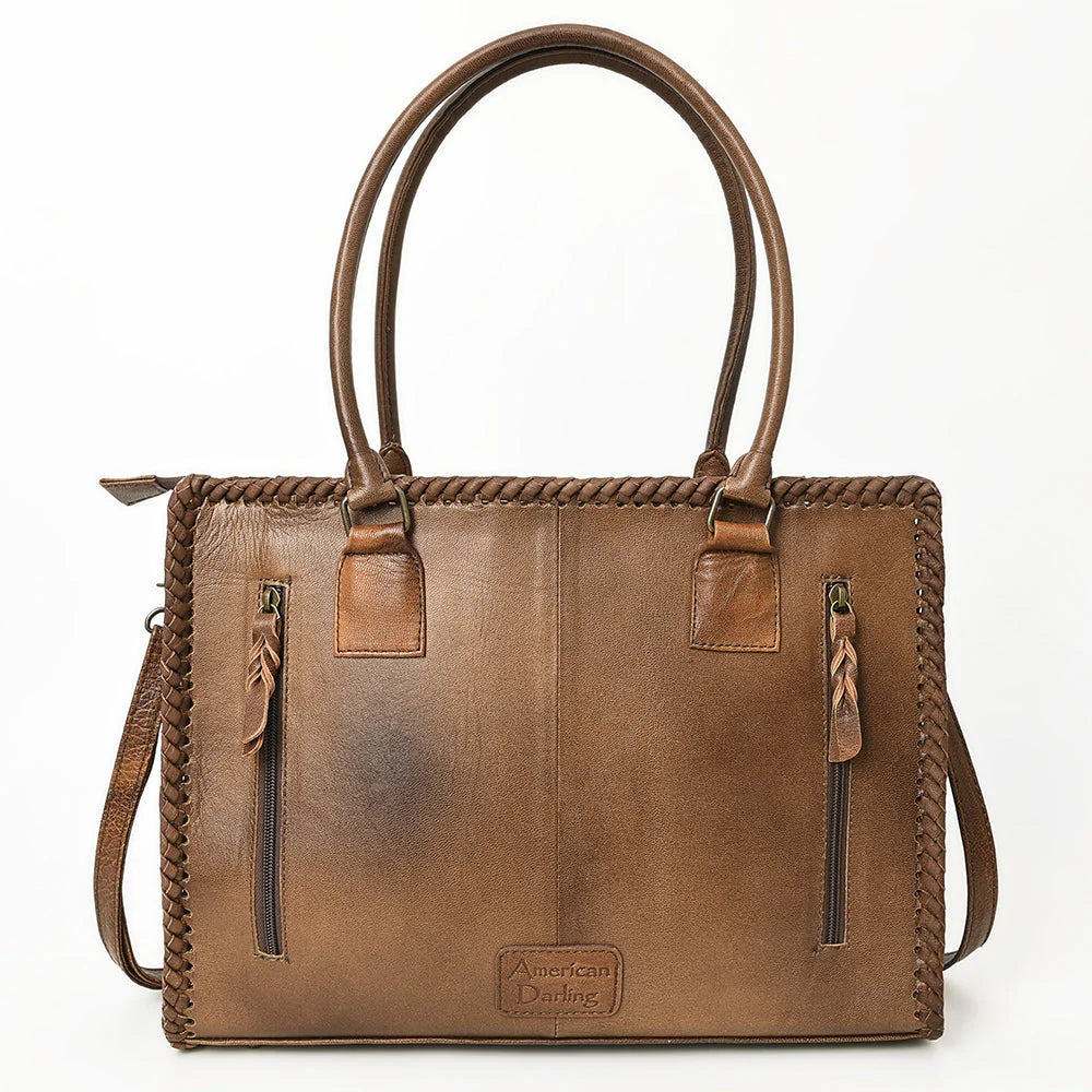 Western Cowhide Tote - Black & White Hair-On Leather Bag with Braided Whipstitch & Strap