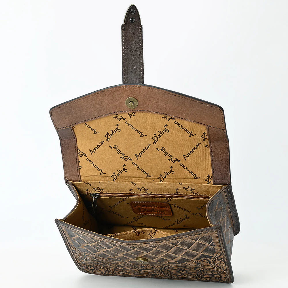 American Darling Western Hand-Tooled Leather Crossbody Bag with Buckle Strap & Chain - Floral Tooled Design