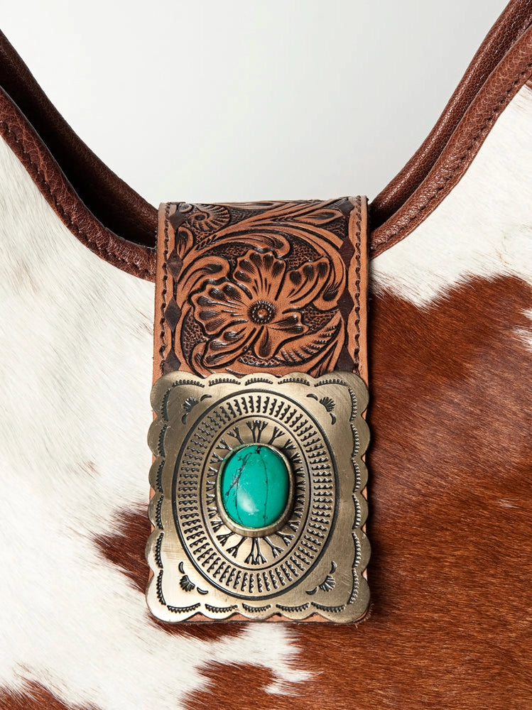 Hair-On Cowhide Hobo Bag with Tooled Leather Strap & Turquoise Concho Accent -