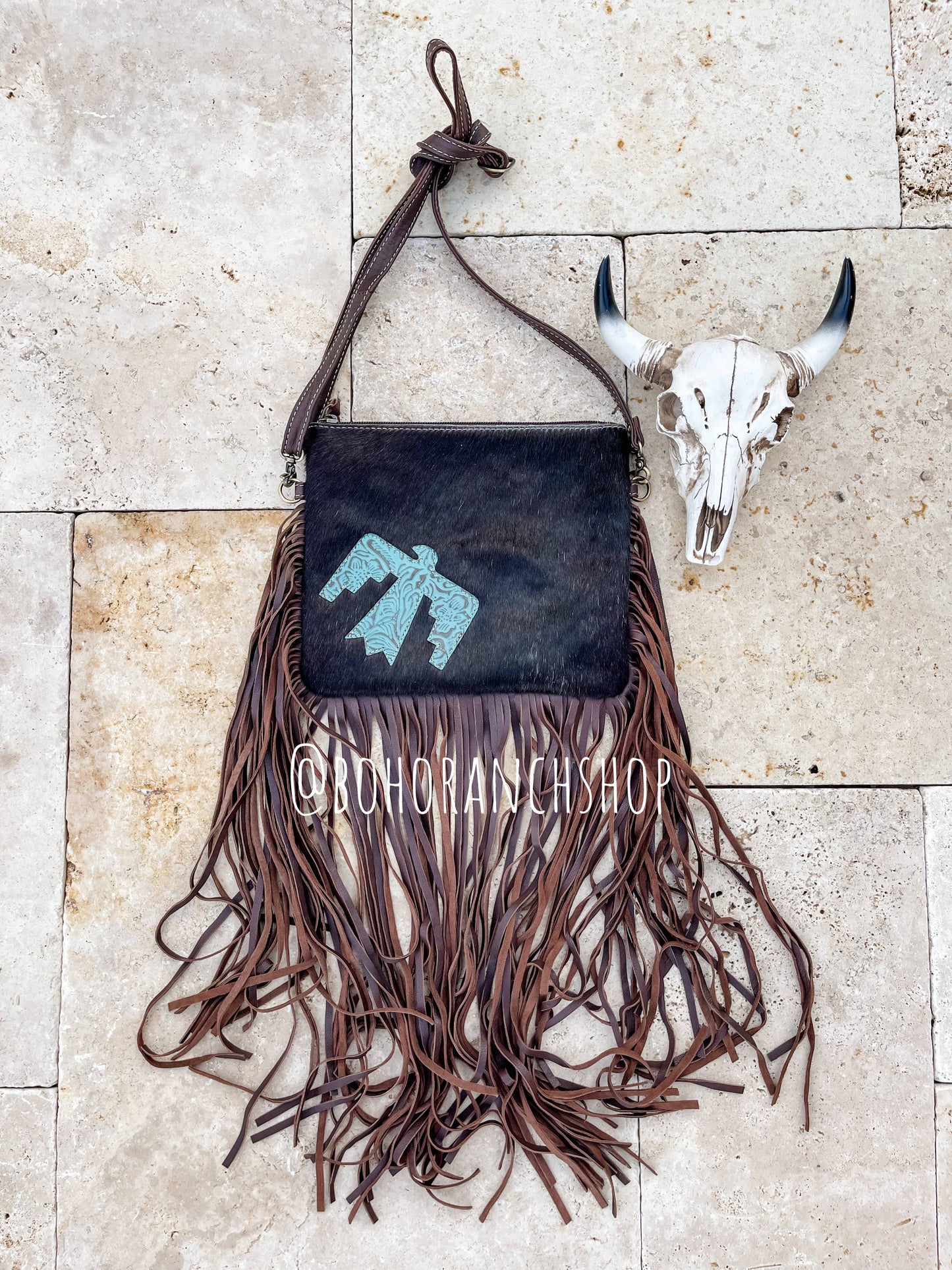 THUNDERBIRD COWHIDE CROSSBODY tooled Leather Cowhide Clutch