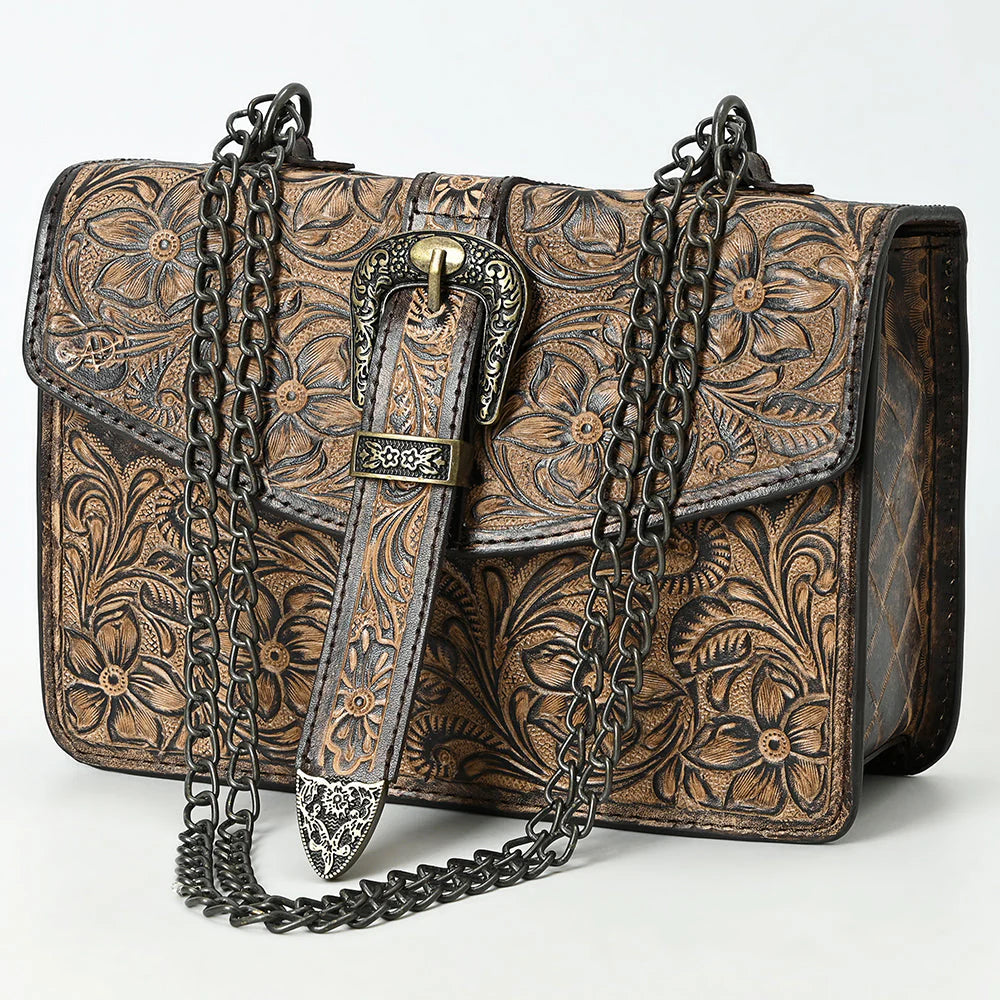 American Darling Western Hand-Tooled Leather Crossbody Bag with Buckle Strap & Chain - Floral Tooled Design
