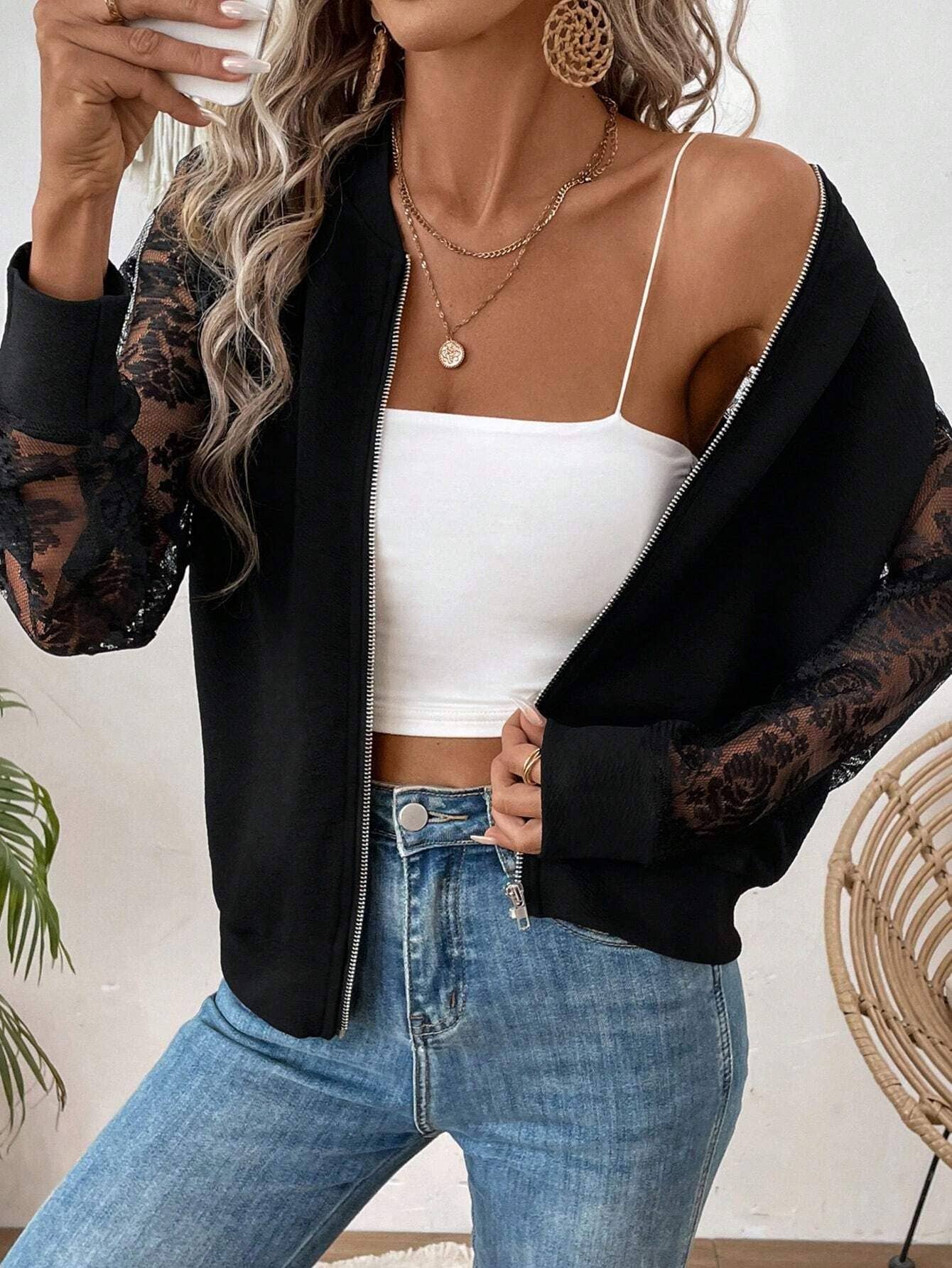 Lace Panelled Long-Sleeved Baseball Collar Jacket