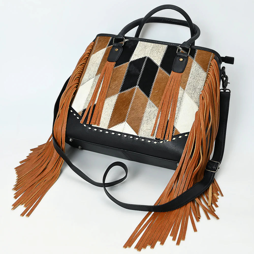 Fringe Cowhide & Leather Tote Bag with Chevron Pattern