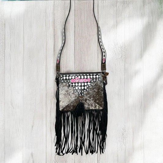 Checker howdy tooled leather & cowhide fringe crossbody bag