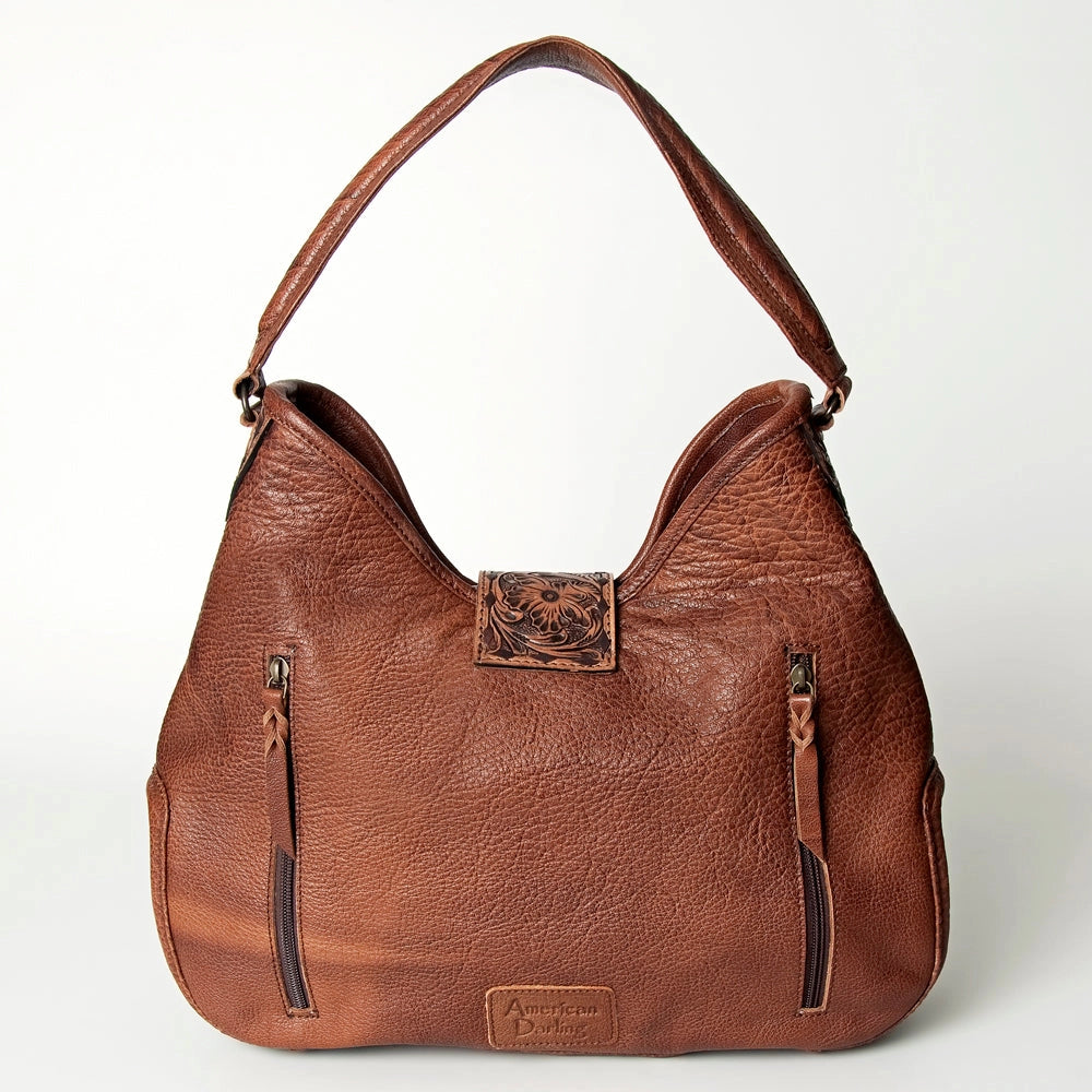 Hair-On Cowhide Hobo Bag with Tooled Leather Strap & Turquoise Concho Accent -