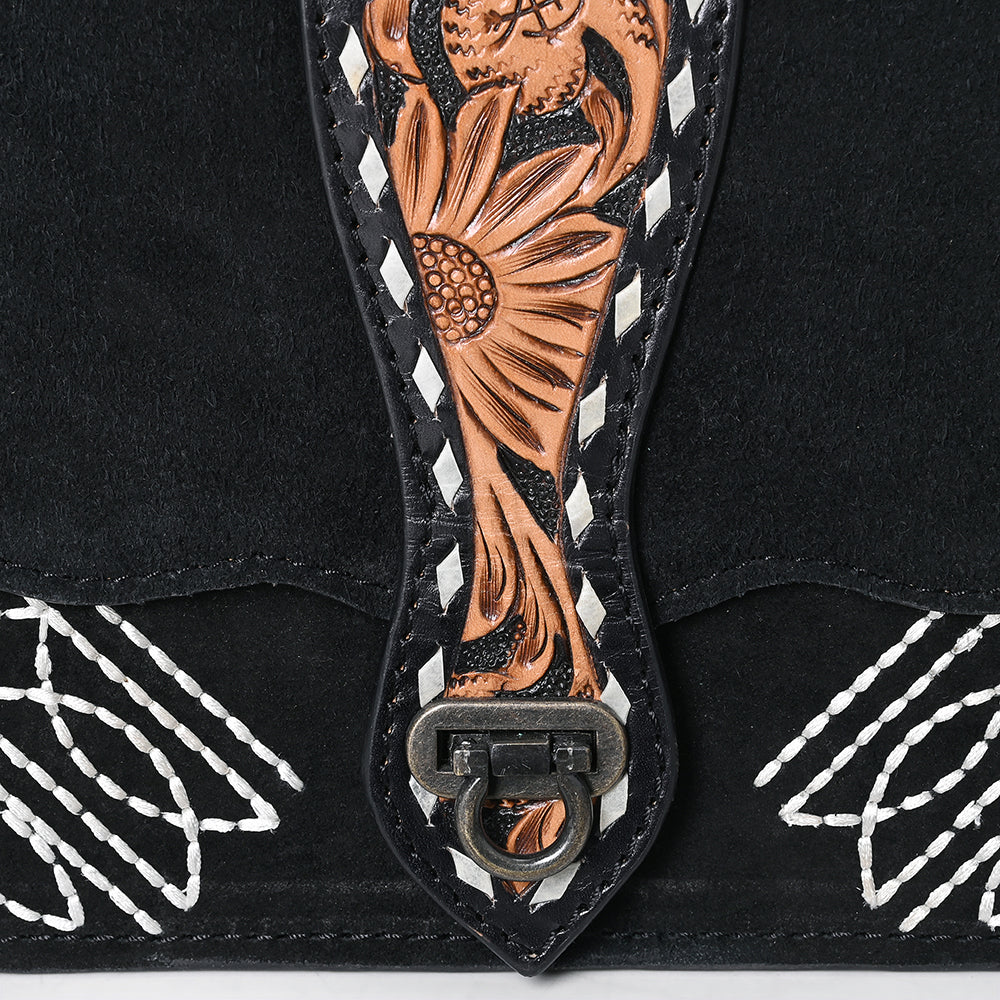 Black Suede Crossbody Bag with Tooled Sunflower Strap & White Embroidery