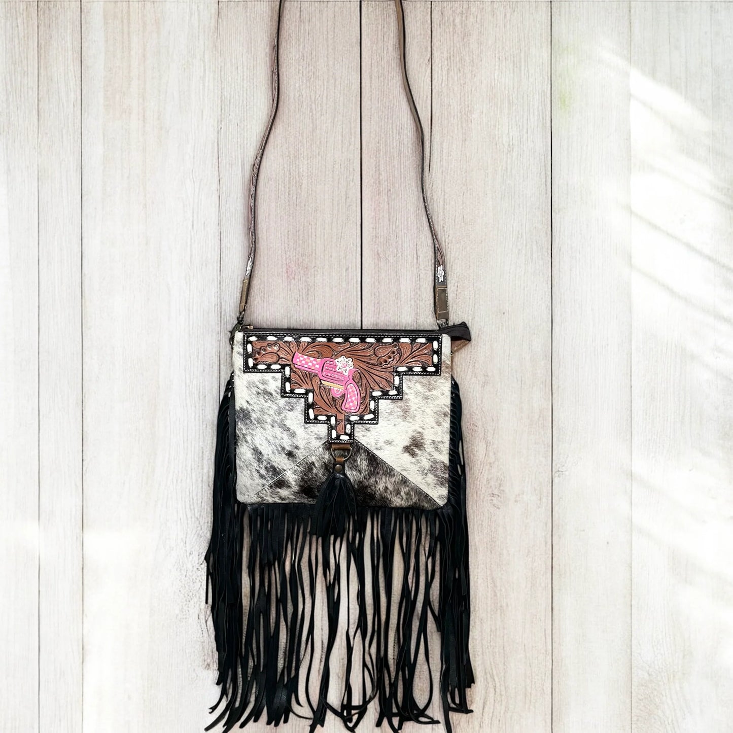 leather & cowhide fringe crossbody bag