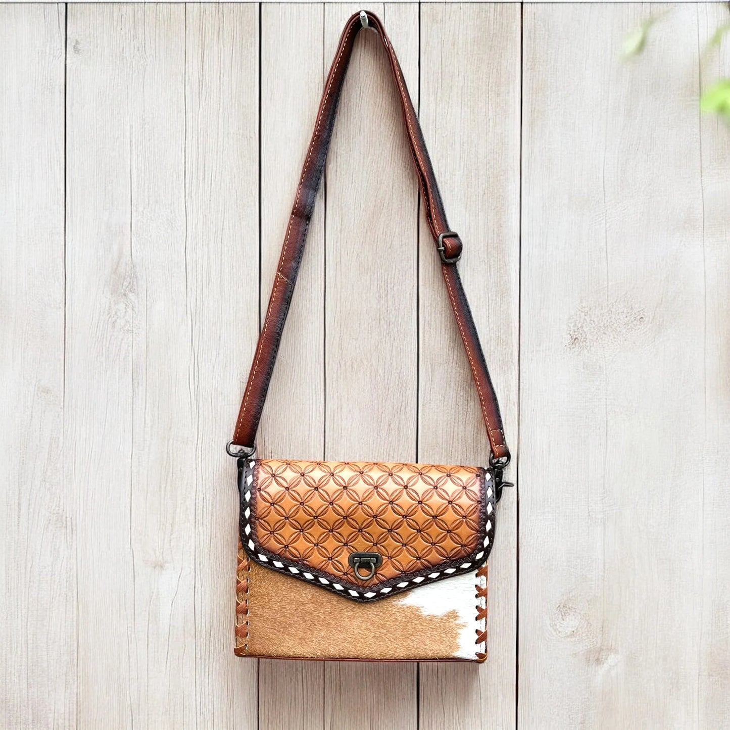 Lily tooled leather & cowhide crossbody bag
