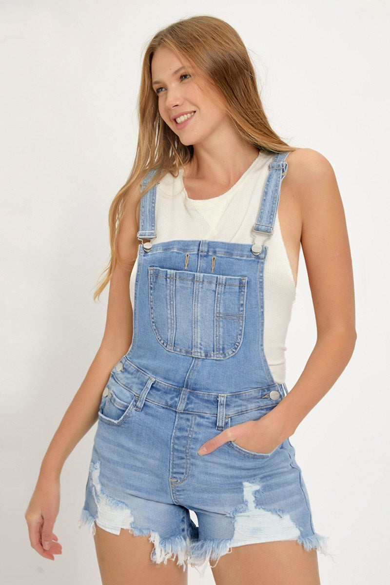 FRONT DISTRESSED SHORT OVERALLS
