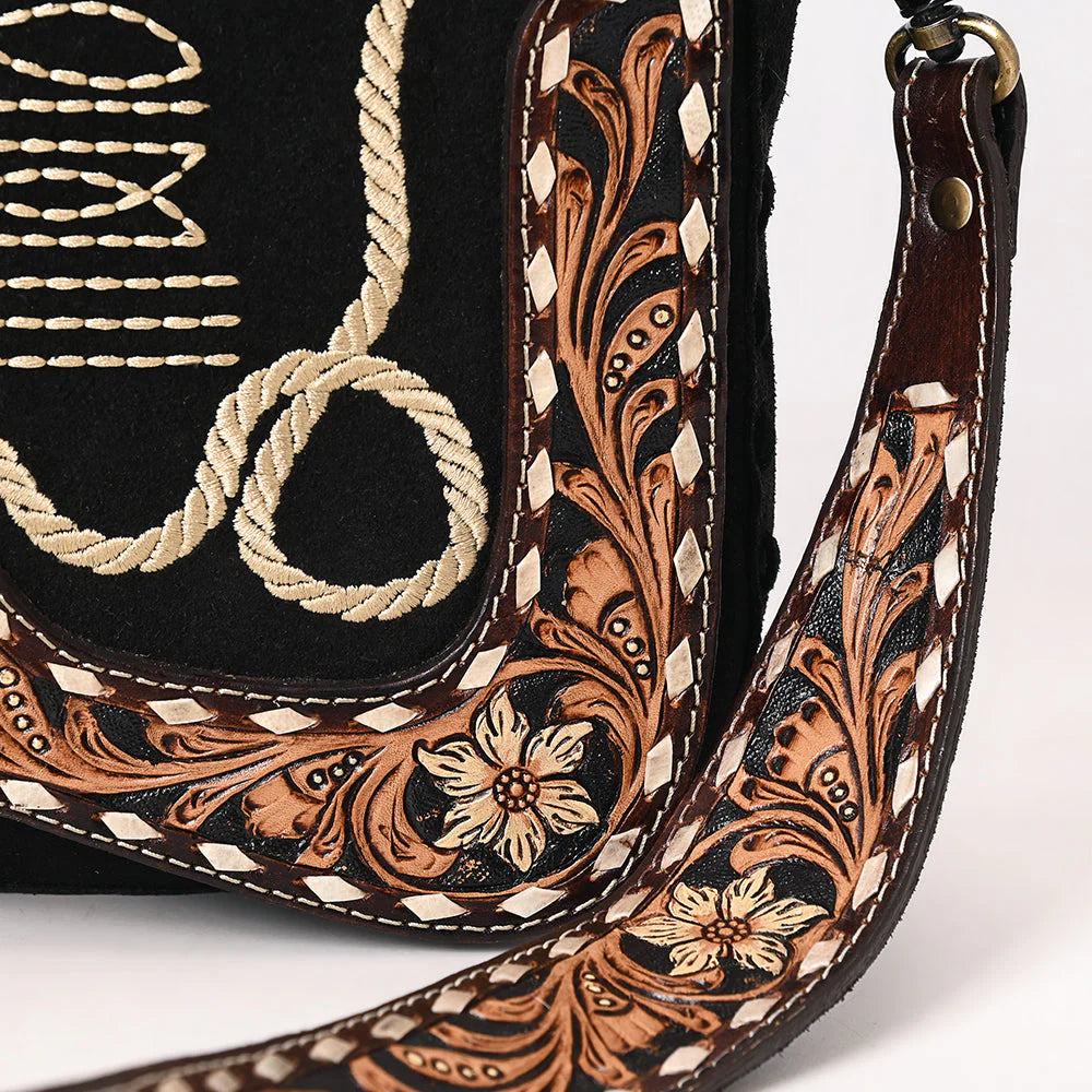 Western Crossbody Flap Bag with Tooled Leather Strap & Rope Stitch Embroidery