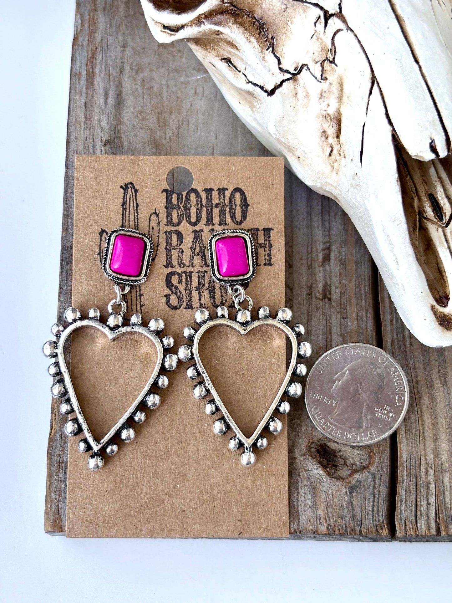Rectangle Stone & Western Open Heart Post Drop Earrings