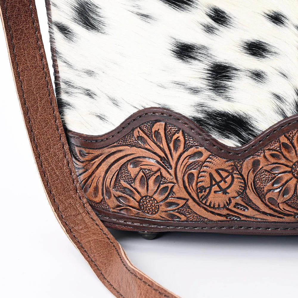 Hair-On Cowhide Hobo Bag with Hand-Tooled Leather Sunflower Trim & Adjustable Strap