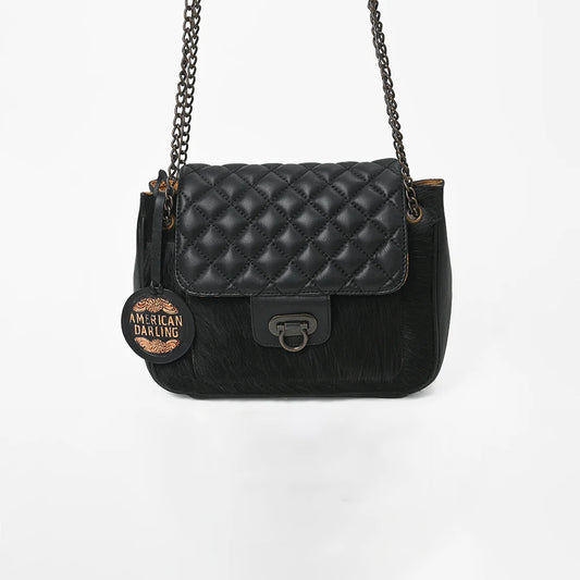 American Darling Women's Premium Black Quilted Leather Hair-On CowhideCrossbody Shoulder Handbag