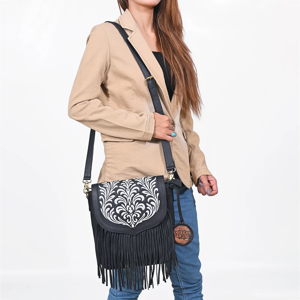 EMBROIDERED BLACK LEATHER CROSSBODY AMERICAN DARLING BAG