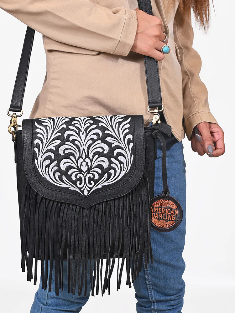 EMBROIDERED BLACK LEATHER CROSSBODY AMERICAN DARLING BAG