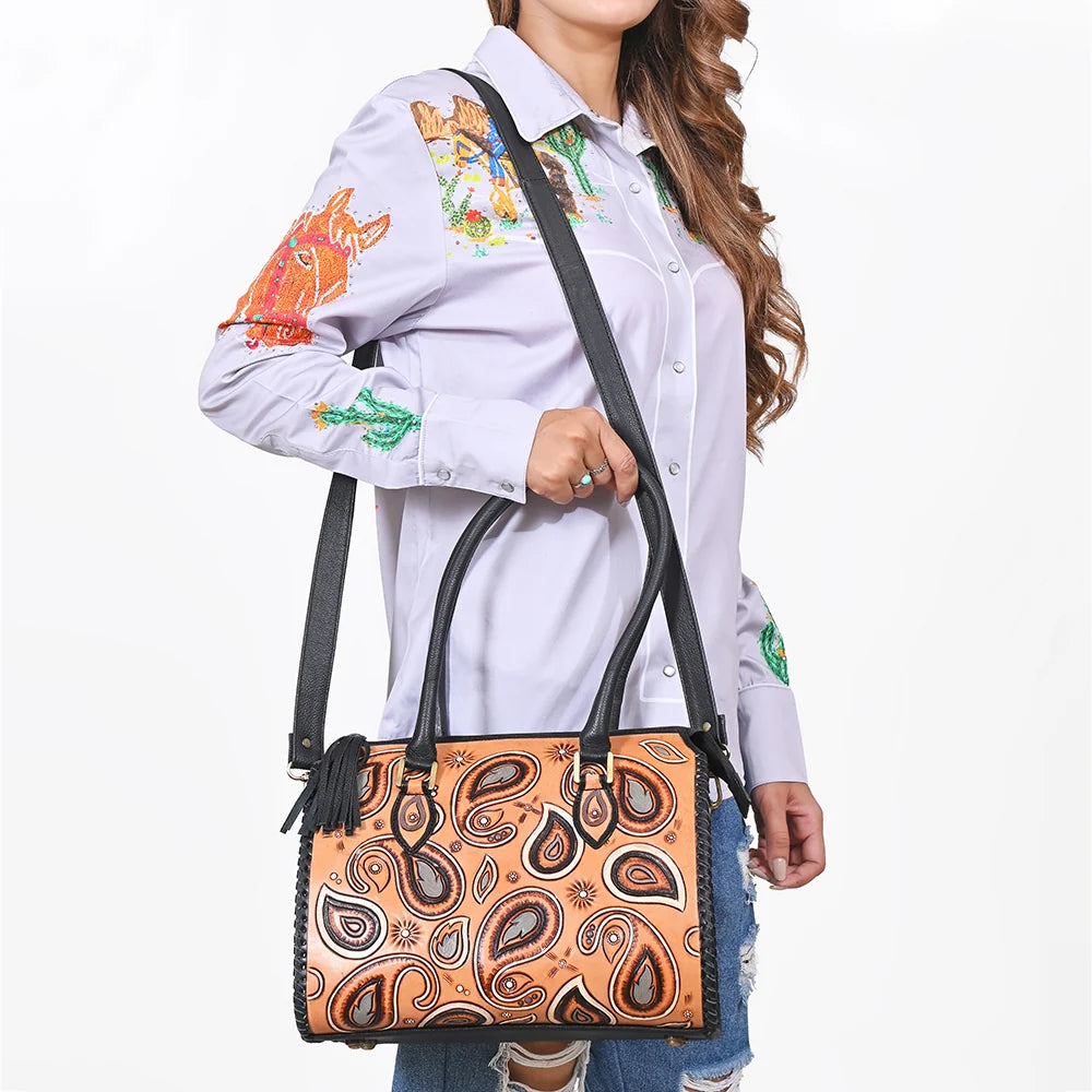 American Darling Western Leather Duffle Bag with Paisley Tooled Design