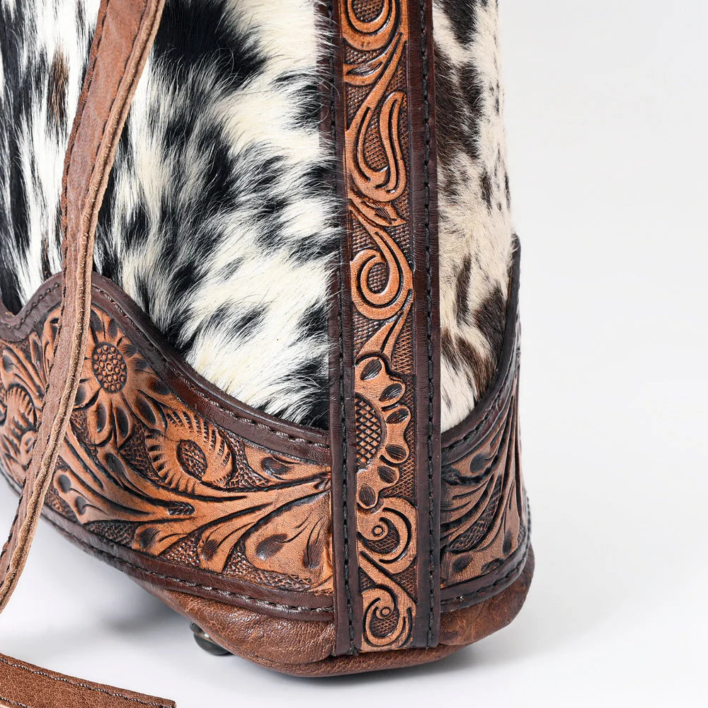 Hair-On Cowhide Hobo Bag with Hand-Tooled Leather Sunflower Trim & Adjustable Strap