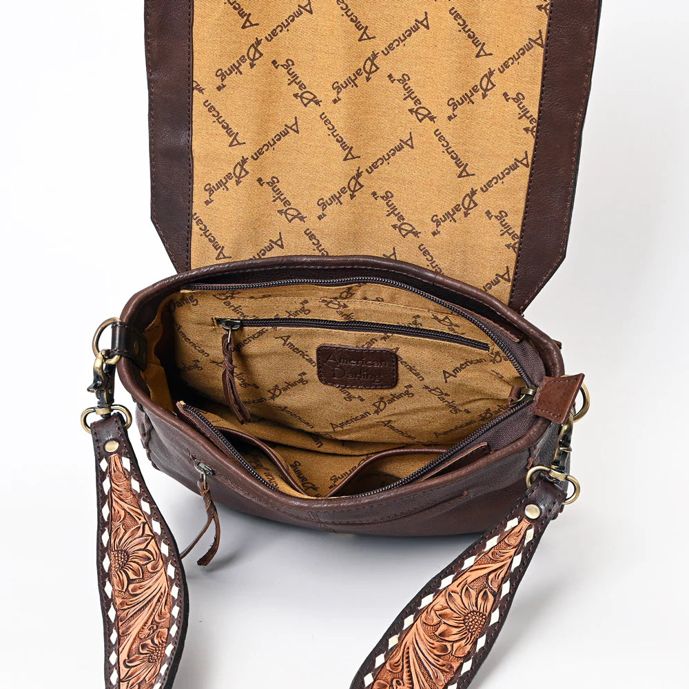 Genuine Leather Western Crossbody Bag with Tooled Strap & Hair-On Hide