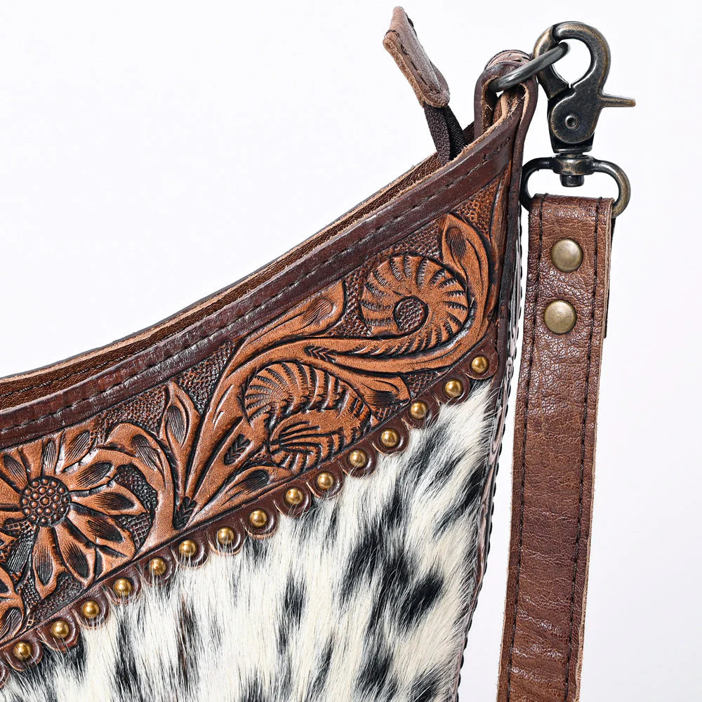 Hair-On Cowhide Hobo Bag with Hand-Tooled Leather Sunflower Trim & Adjustable Strap