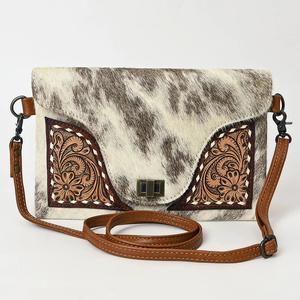 Hair-On Cowhide & Hand Tooled Leather Crossbody Clutch - Western Turn-Lock Flap