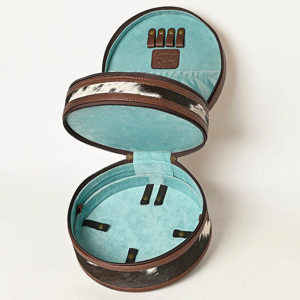 Round Jewelry Case Hand-Tooled Leather & Cowhide Western Organizer