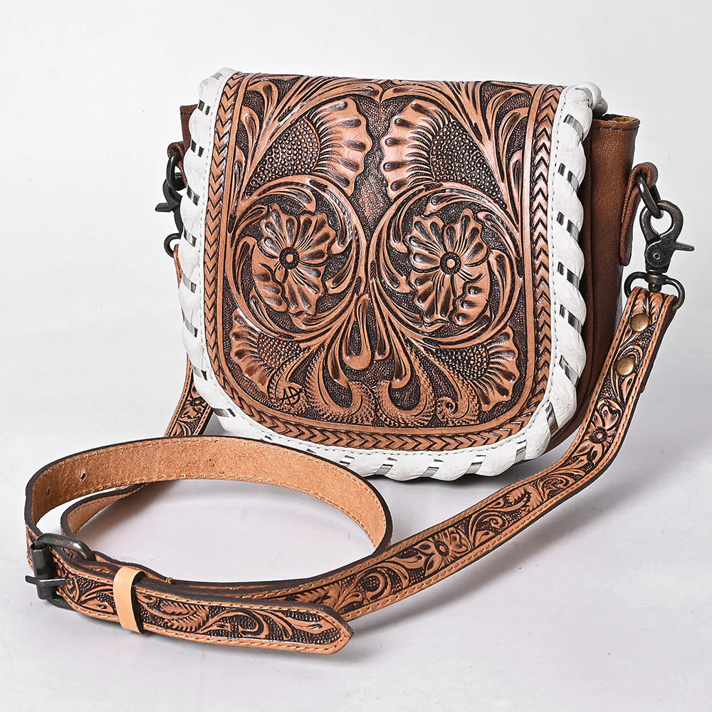 Tooled Leather Crossbody Bag with White Whipstitch Trim and Carved Strap