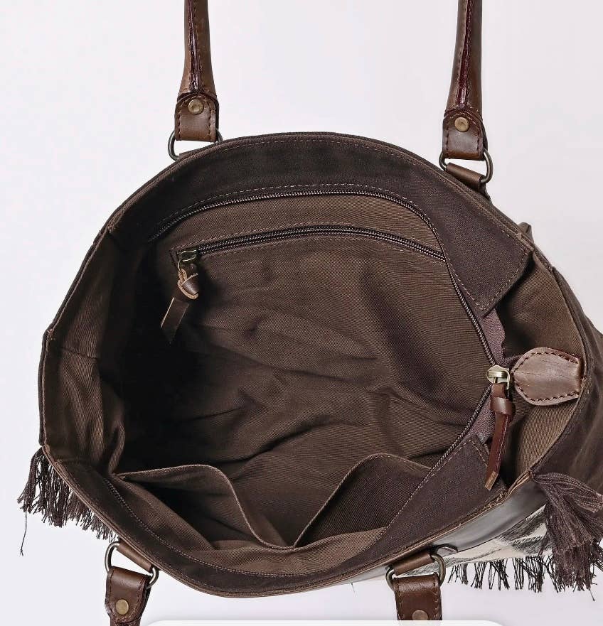 Cowhide Leather Canvas Tote Shoulder Bag Western Travel 