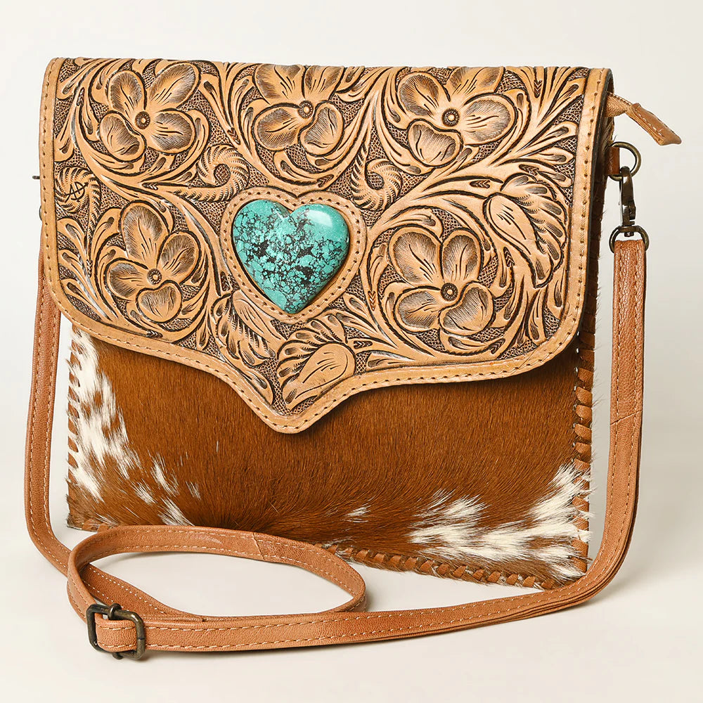 Western Leather Crossbody Coin Purse with Turquoise Heart & Cowhide