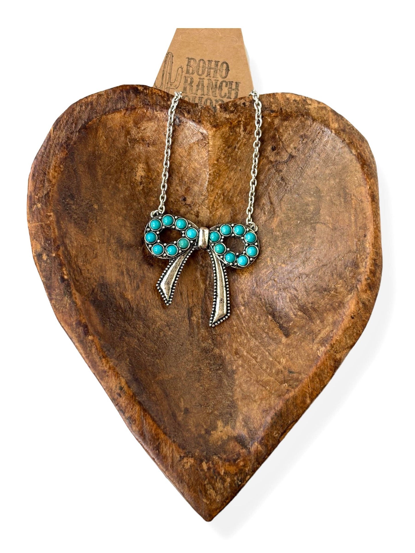 Western Style Coquette Bow Turquoise Stone Pendant Necklace