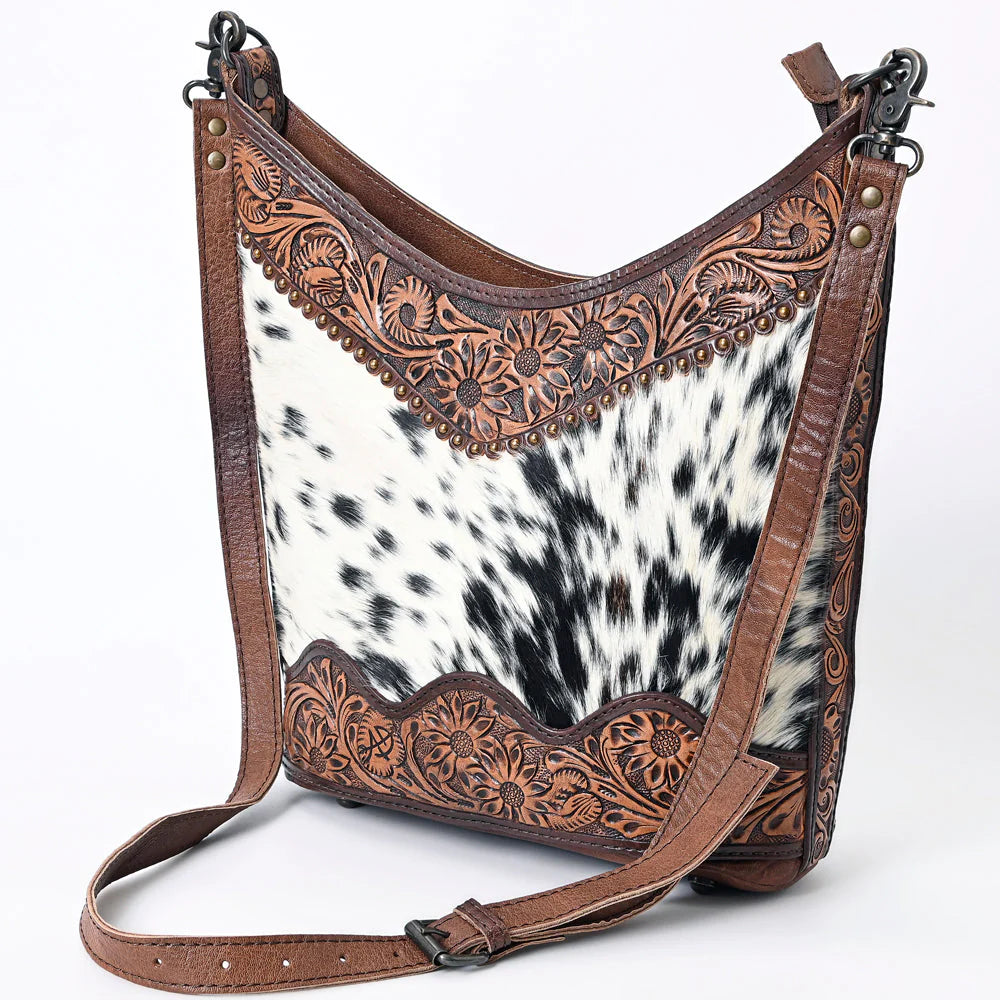 Hair-On Cowhide Hobo Bag with Hand-Tooled Leather Sunflower Trim & Adjustable Strap