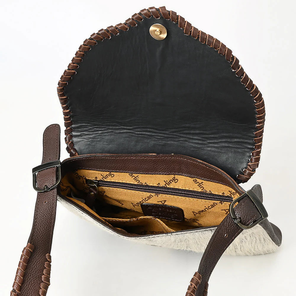 Hand-Tooled Leather & Cowhide Crossbody Bag Western Floral Saddle Flap