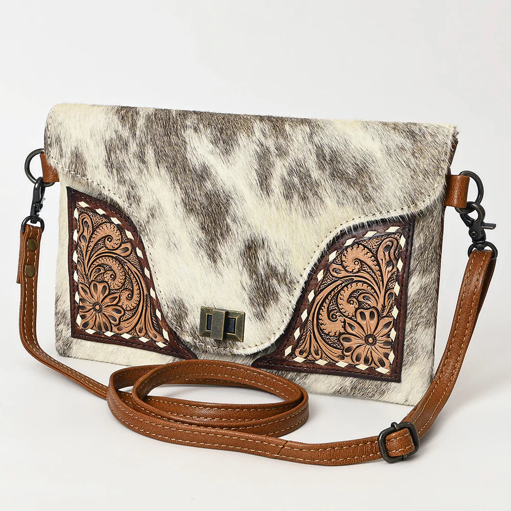 Hair-On Cowhide & Hand Tooled Leather Crossbody Clutch - Western Turn-Lock Flap