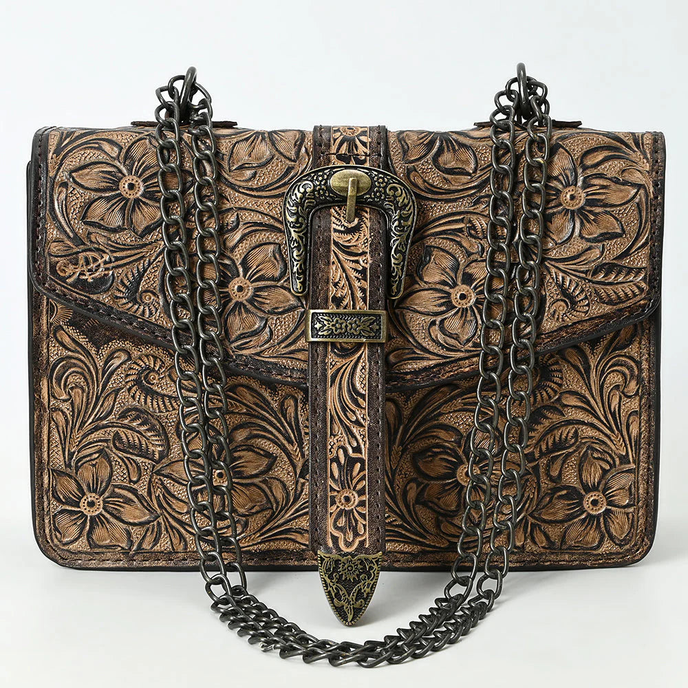 American Darling Western Hand-Tooled Leather Crossbody Bag with Buckle Strap & Chain - Floral Tooled Design