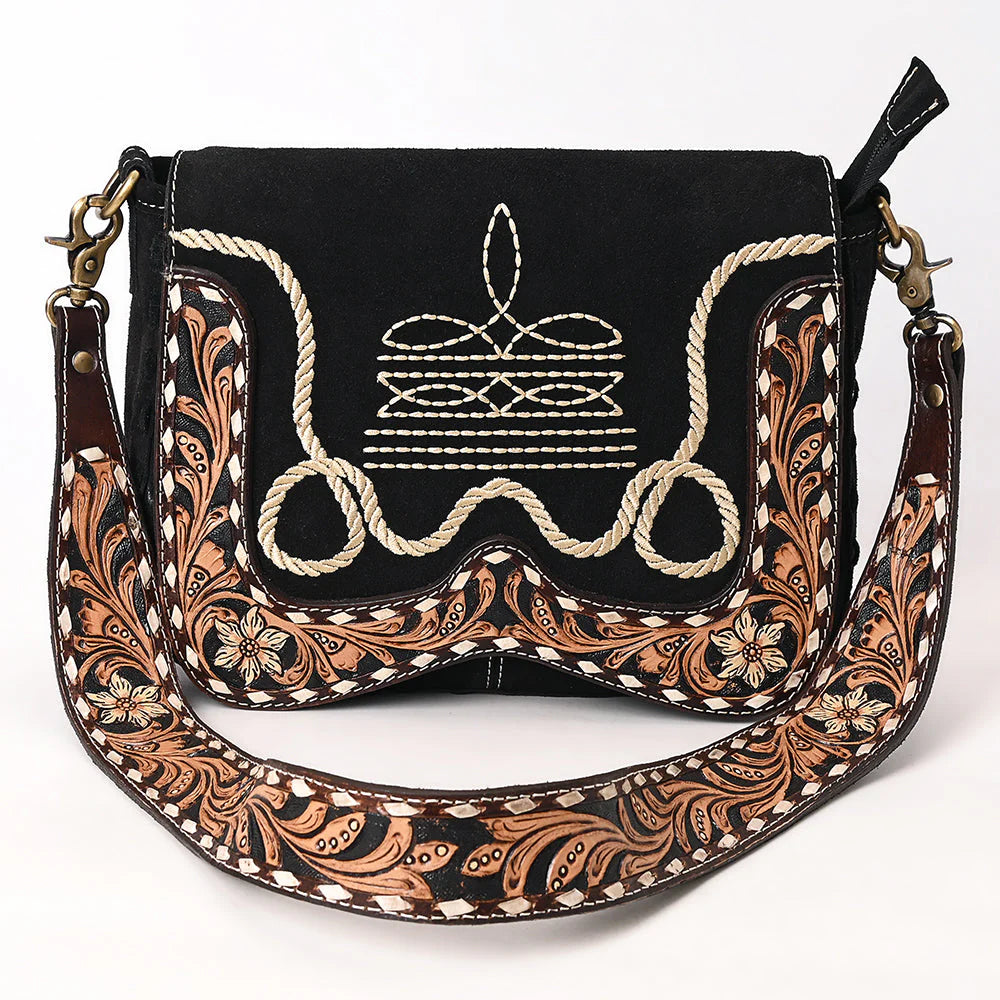 Western Crossbody Flap Bag with Tooled Leather Strap & Rope Stitch Embroidery