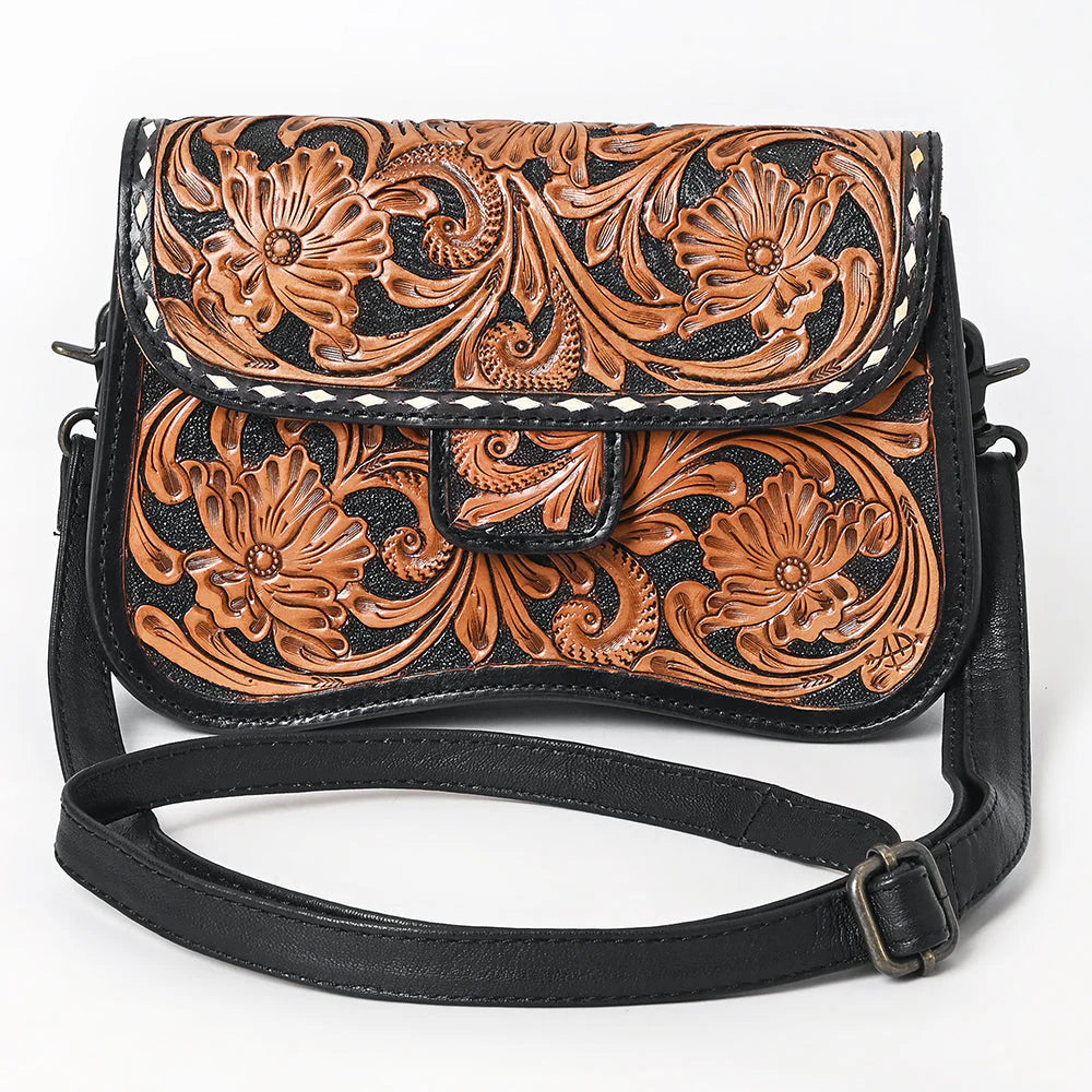 Tooled Leather Crossbody Bag in Black & Tan Western Floral Scroll Design