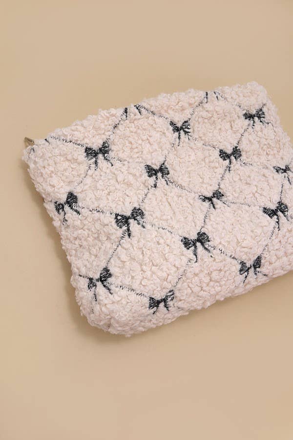 BOW SOFT LAMB WOOL COSMETIC POUCH BAG