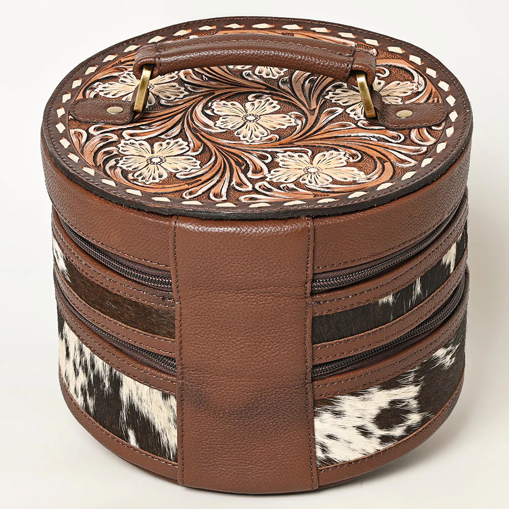 Round Jewelry Case Hand-Tooled Leather & Cowhide Western Organizer