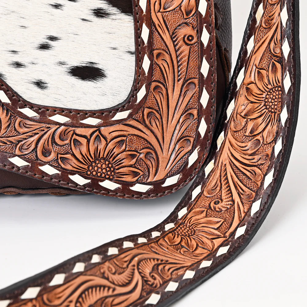 Genuine Leather Western Crossbody Bag with Tooled Strap & Hair-On Hide