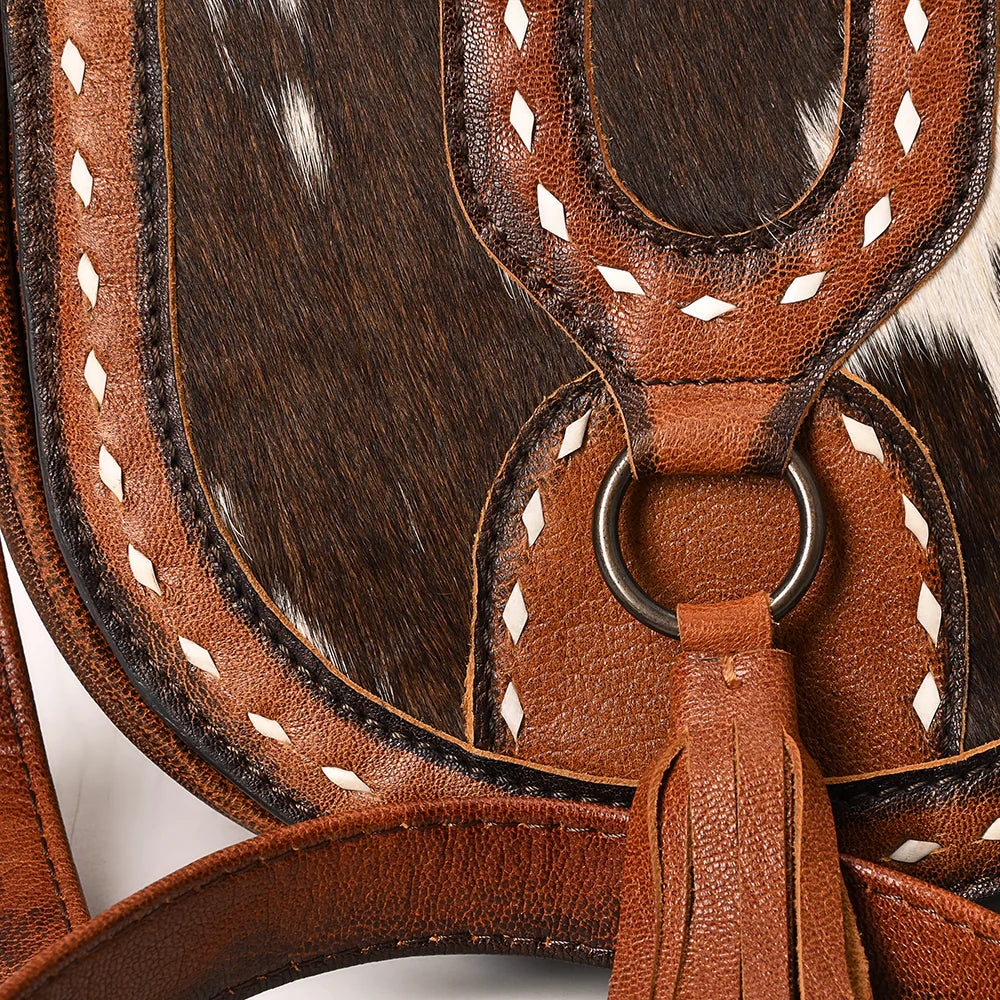 Hair-On Cowhide Saddle Crossbody Bag with Leather Tassel & Western Stitching