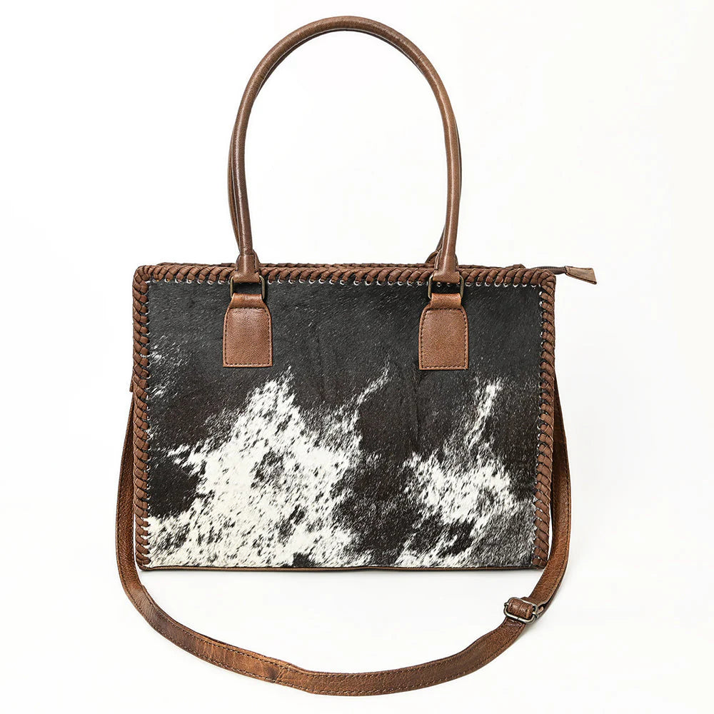 Western Cowhide Tote - Black & White Hair-On Leather Bag with Braided Whipstitch & Strap