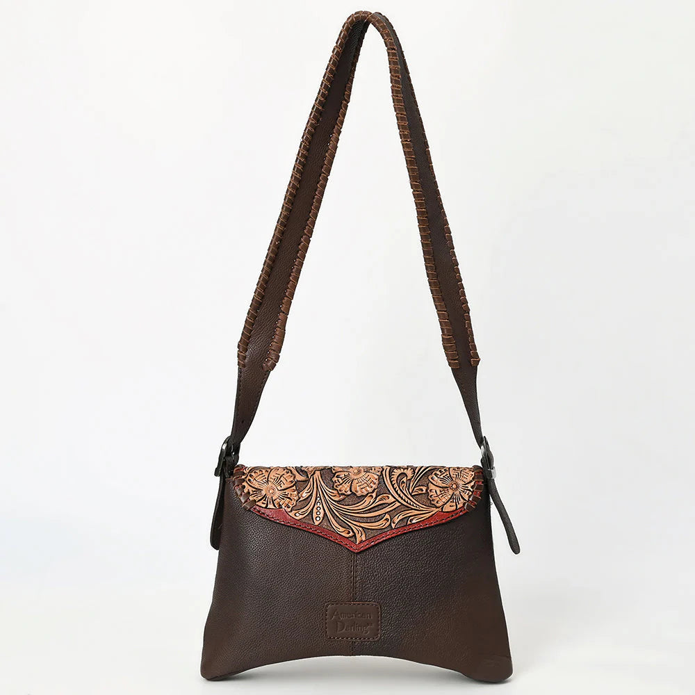 Hand-Tooled Leather & Cowhide Crossbody Bag Western Floral Saddle Flap
