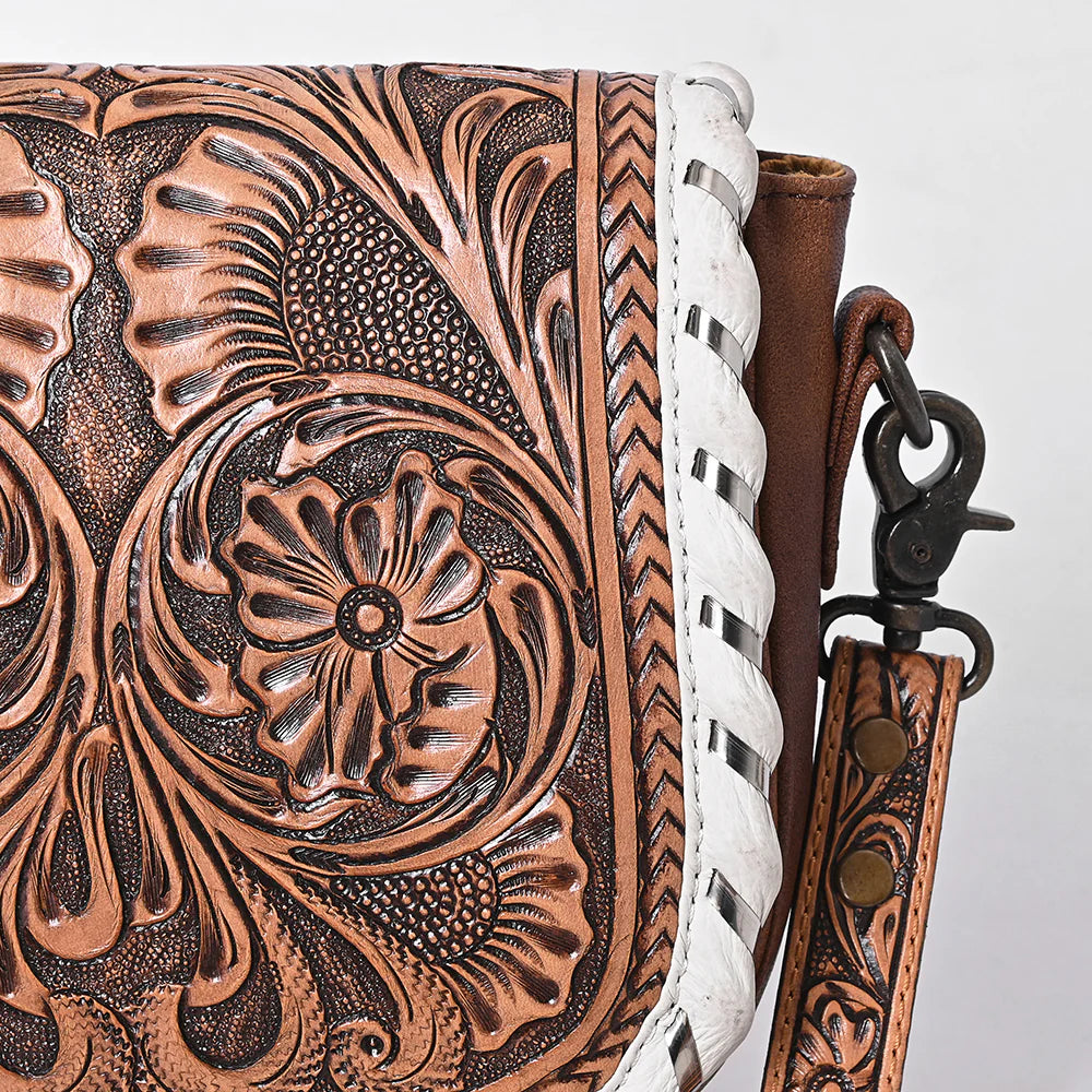 Tooled Leather Crossbody Bag with White Whipstitch Trim and Carved Strap